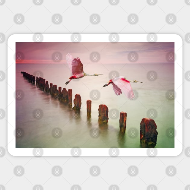 Soaring Roseate Spoonbills Sticker by lauradyoung